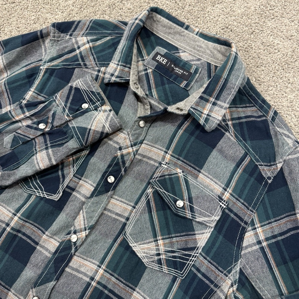 BKE Buckle Men's Western Plaid long Sleeve Pearl Snap Button Up Blue shirt Sz L